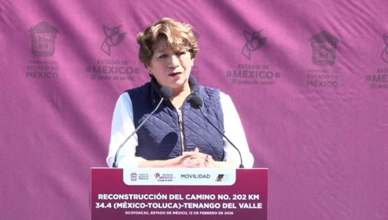 Presencia Delfina Gómez construcción de camino México-Toluca, Tenango del Valle, y afirma que traerá bienestar